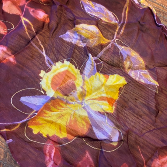 Russet Red and Gold Floral Print Silky Sheer Scarf - Picture 2 of 5